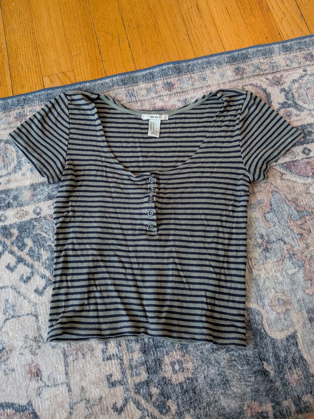 Forever 21 Black and Gray Striped Henley Crop Top
